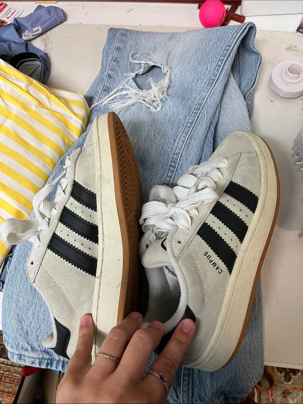 adidas Off-White Suede Sneakers with Black Three Stripes
